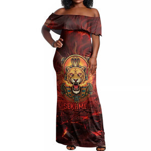 Sekhmet Off Shoulder Maxi Dress Egyptian Fiery Lioness Head and Ancient Warrior