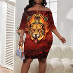 Sekhmet Off Shoulder Short Dress Egyptian Fiery Lioness Head and Ancient Warrior
