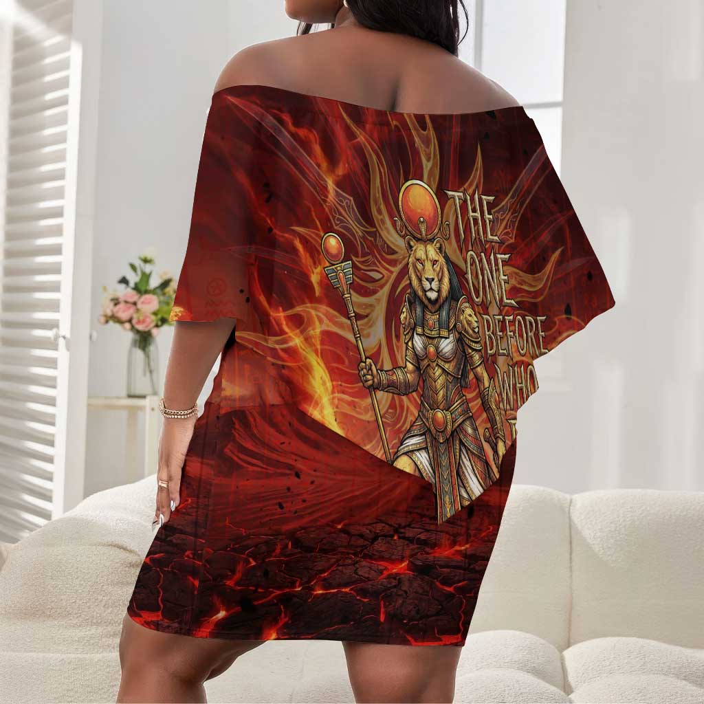 Sekhmet Off Shoulder Short Dress Egyptian Fiery Lioness Head and Ancient Warrior