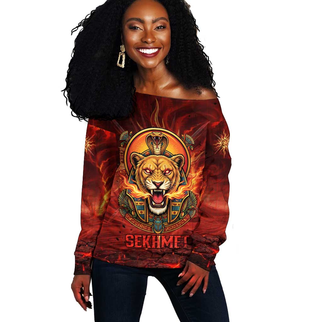 Sekhmet Off Shoulder Sweater Egyptian Fiery Lioness Head and Ancient Warrior