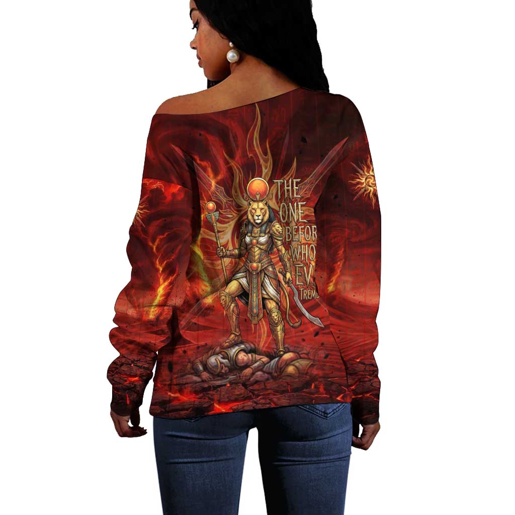 Sekhmet Off Shoulder Sweater Egyptian Fiery Lioness Head and Ancient Warrior
