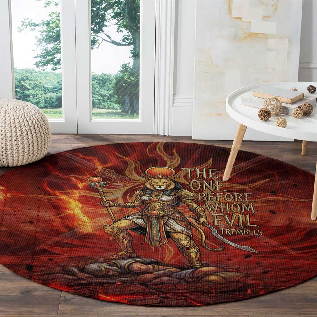 Sekhmet Round Carpet Egyptian Fiery Lioness Head and Ancient Warrior