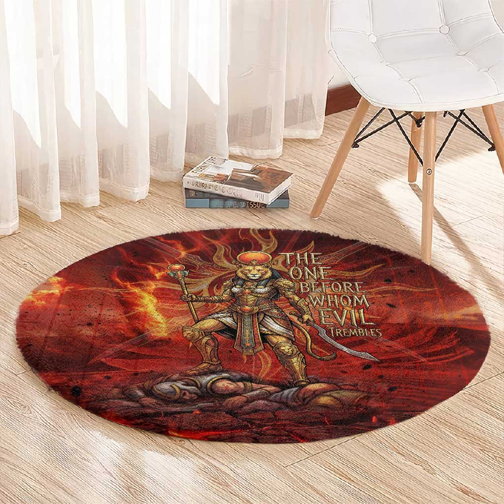 Sekhmet Round Carpet Egyptian Fiery Lioness Head and Ancient Warrior