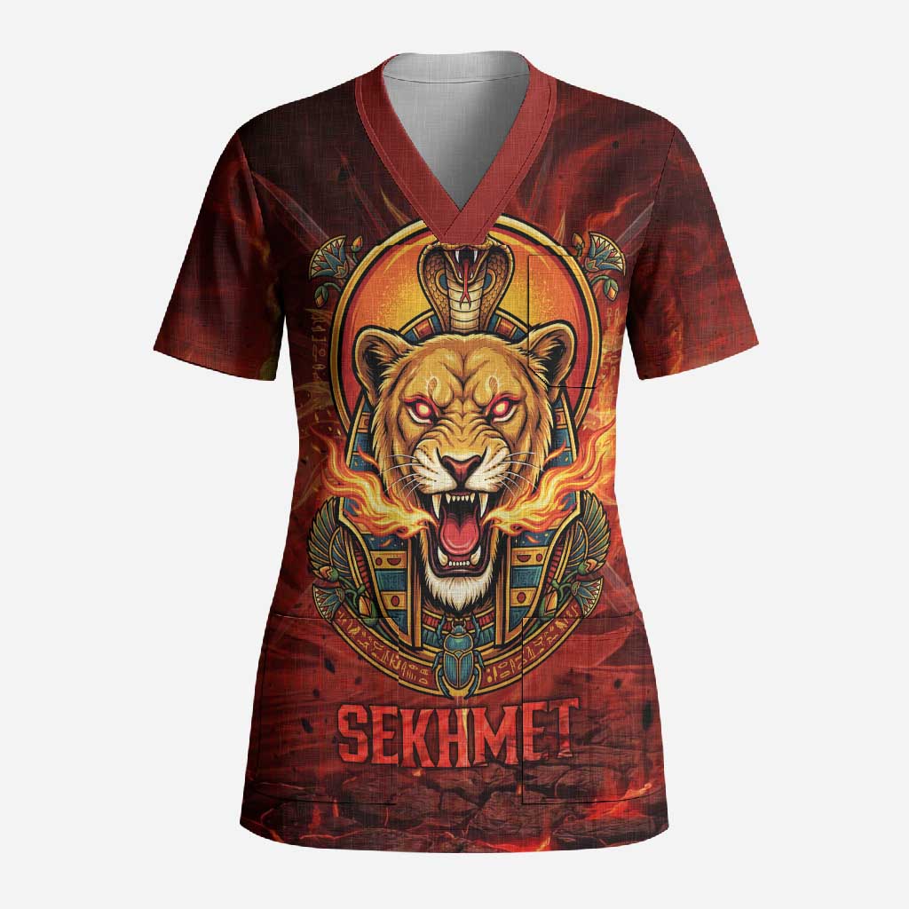 Sekhmet Scrub Top Egyptian Fiery Lioness Head and Ancient Warrior