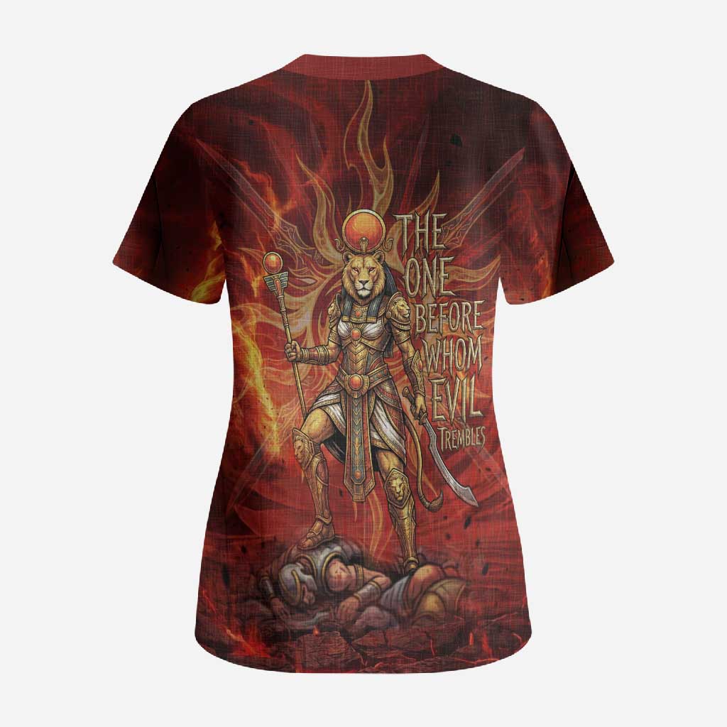 Sekhmet Scrub Top Egyptian Fiery Lioness Head and Ancient Warrior