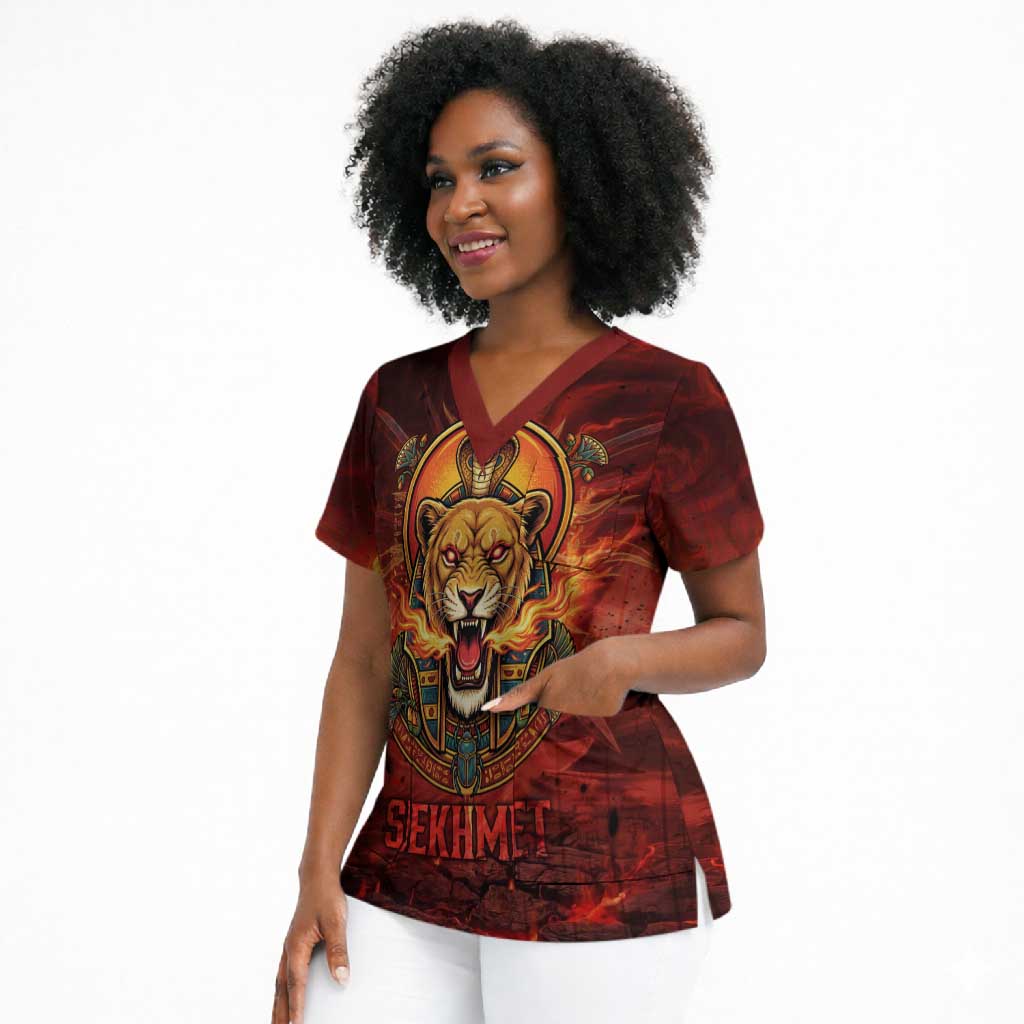 Sekhmet Scrub Top Egyptian Fiery Lioness Head and Ancient Warrior