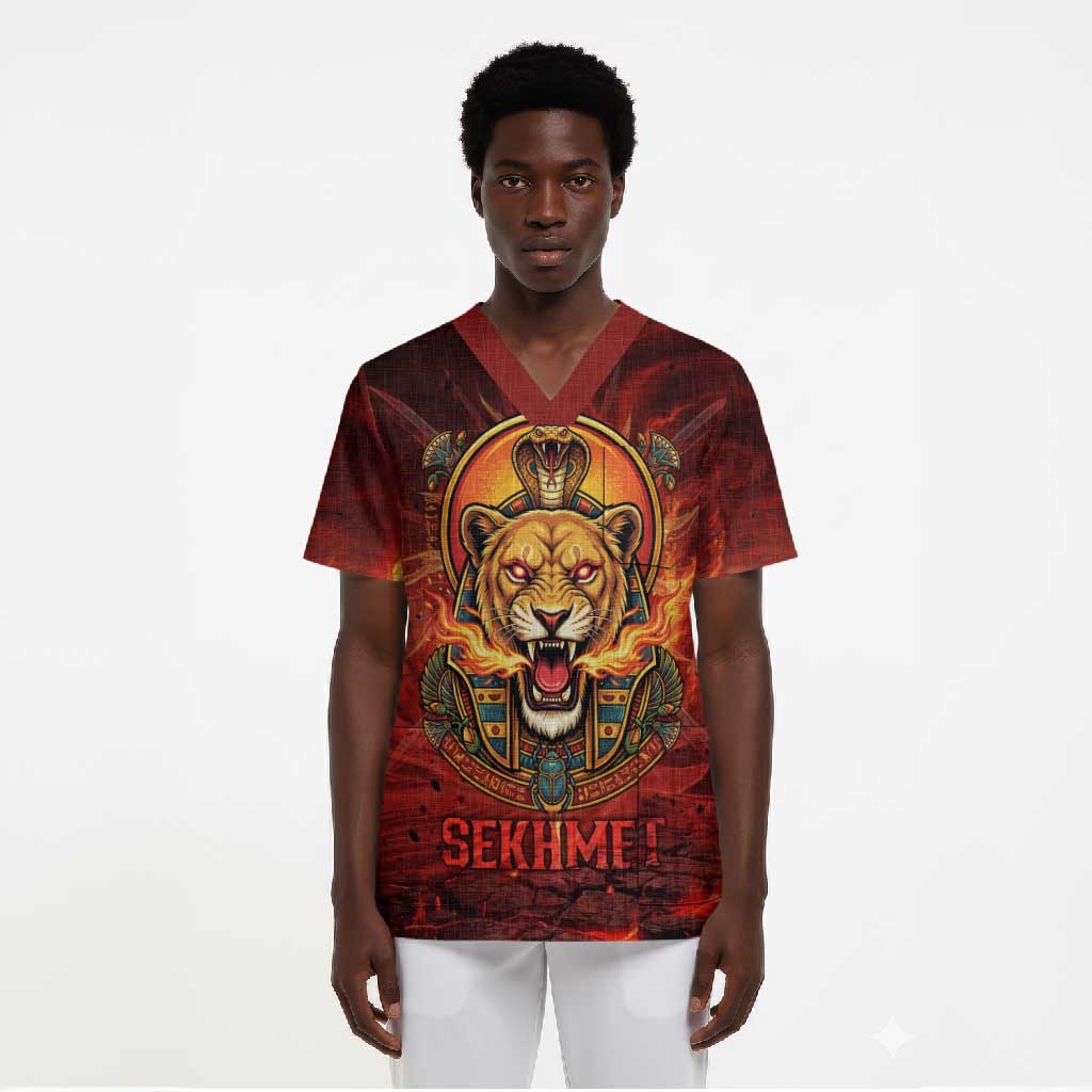 Sekhmet Scrub Top Egyptian Fiery Lioness Head and Ancient Warrior