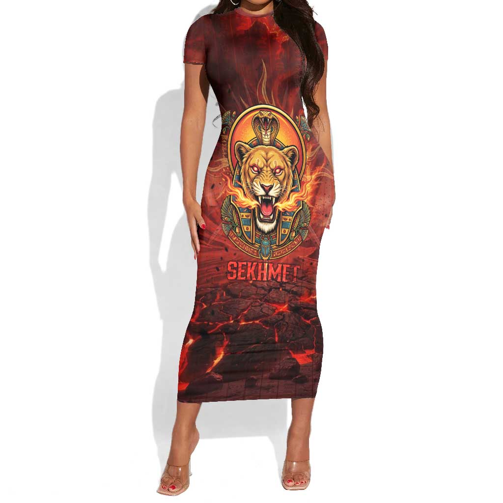 Sekhmet Short Sleeve Bodycon Dress Egyptian Fiery Lioness Head and Ancient Warrior