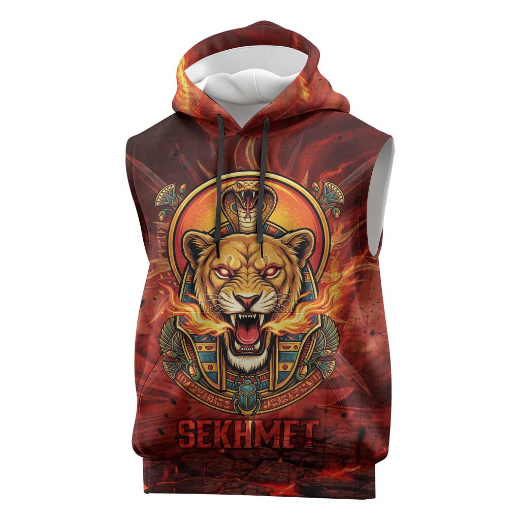 Sekhmet Sleeveless Hoodie Egyptian Fiery Lioness Head and Ancient Warrior