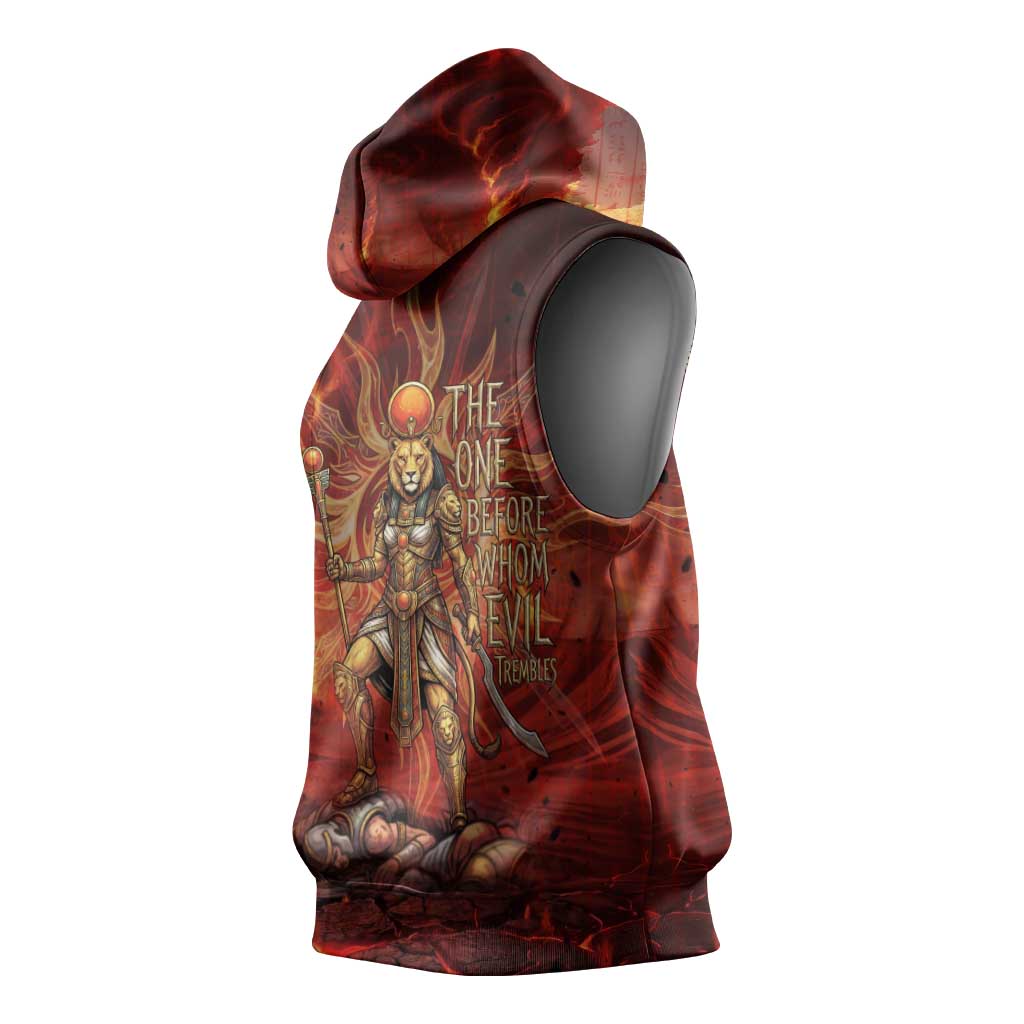 Sekhmet Sleeveless Hoodie Egyptian Fiery Lioness Head and Ancient Warrior