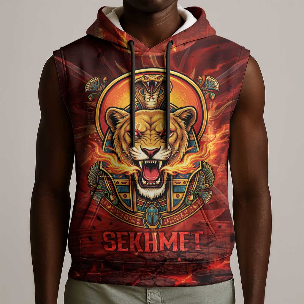 Sekhmet Sleeveless Hoodie Egyptian Fiery Lioness Head and Ancient Warrior