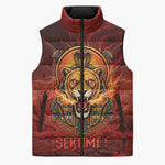 Sekhmet Sleeveless Puffer Jacket Egyptian Fiery Lioness Head and Ancient Warrior