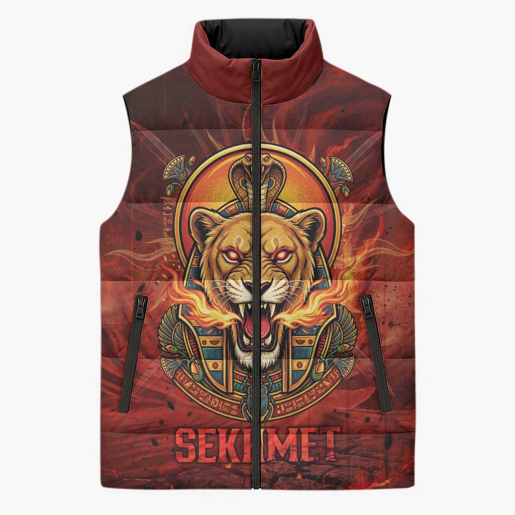 Sekhmet Sleeveless Puffer Jacket Egyptian Fiery Lioness Head and Ancient Warrior