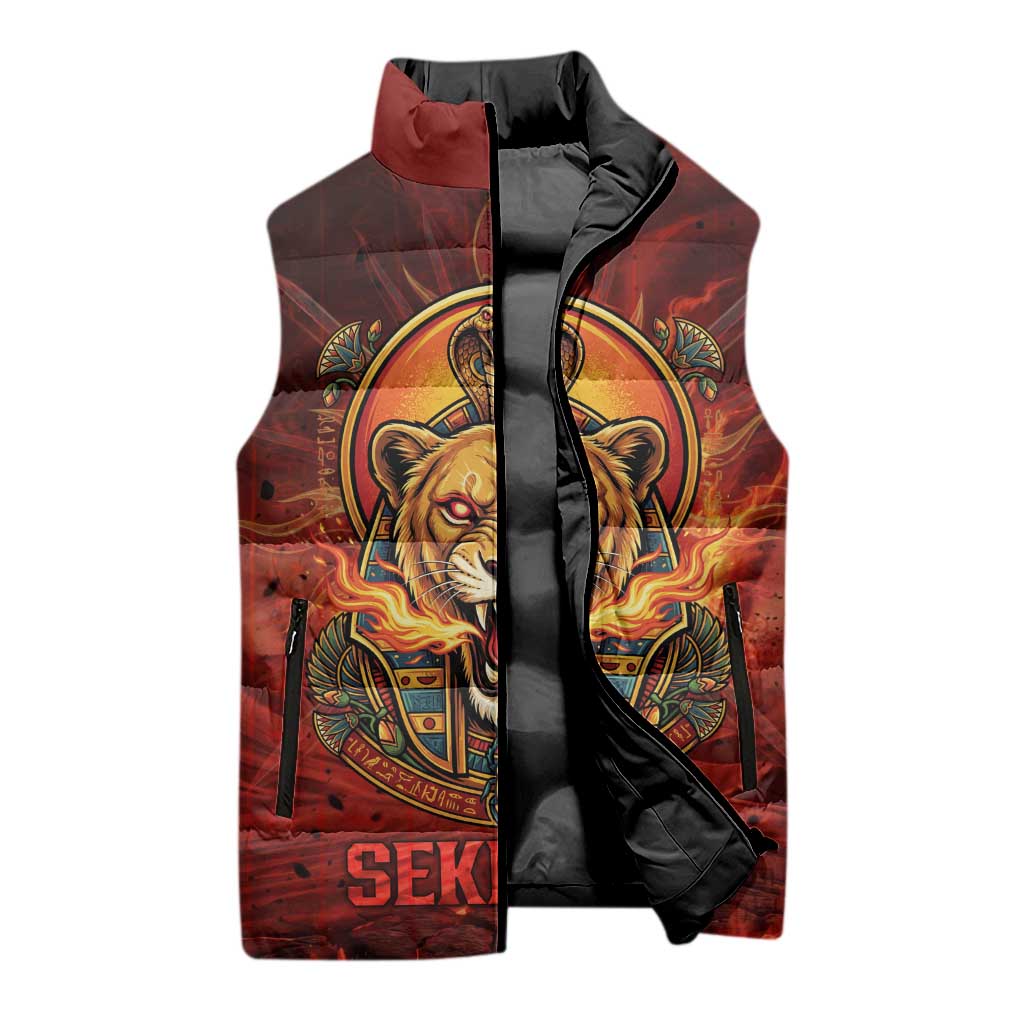 Sekhmet Sleeveless Puffer Jacket Egyptian Fiery Lioness Head and Ancient Warrior
