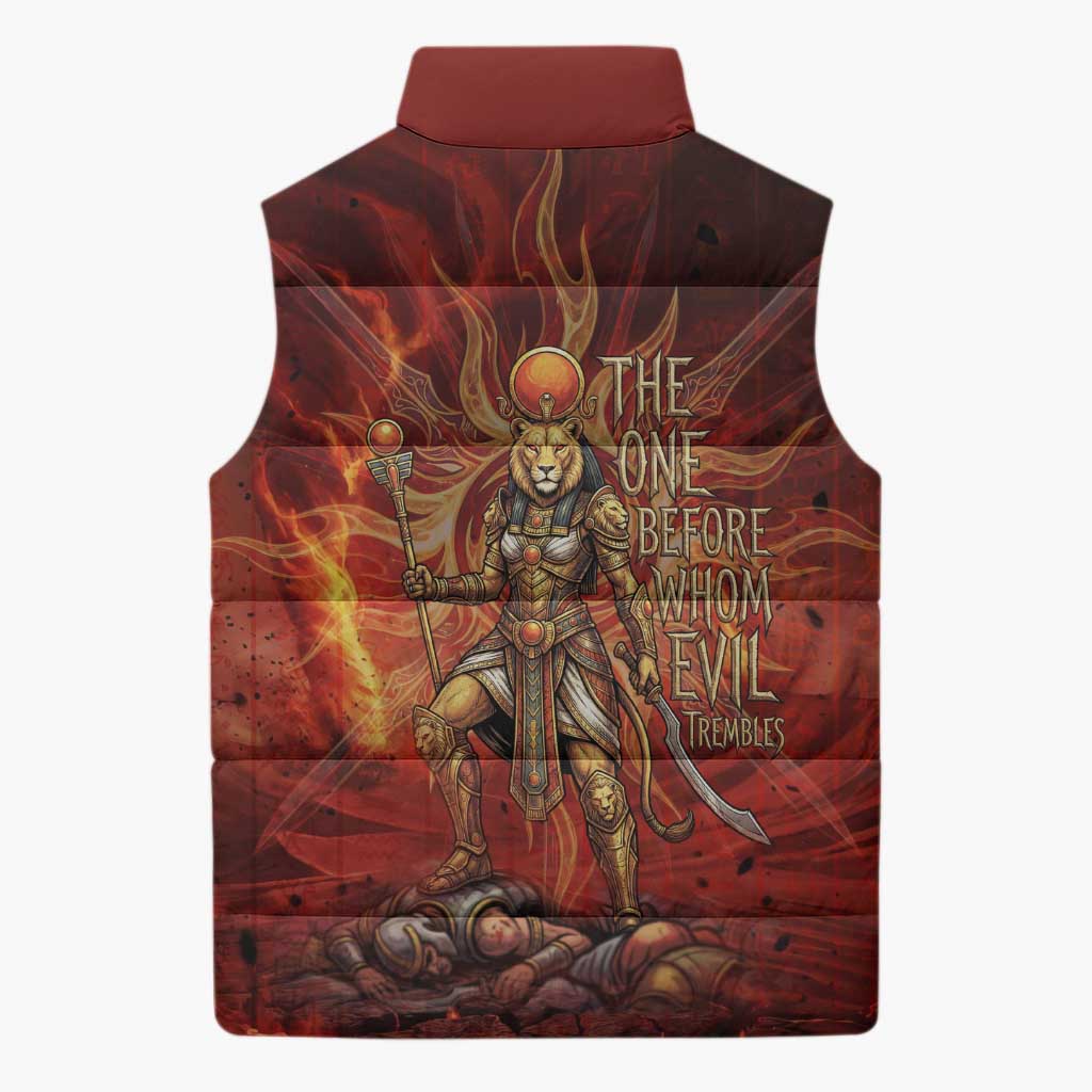 Sekhmet Sleeveless Puffer Jacket Egyptian Fiery Lioness Head and Ancient Warrior