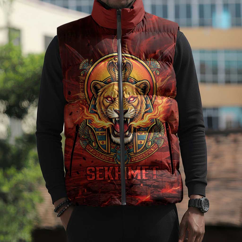 Sekhmet Sleeveless Puffer Jacket Egyptian Fiery Lioness Head and Ancient Warrior