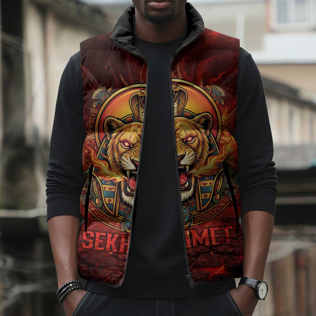 Sekhmet Sleeveless Puffer Jacket Egyptian Fiery Lioness Head and Ancient Warrior