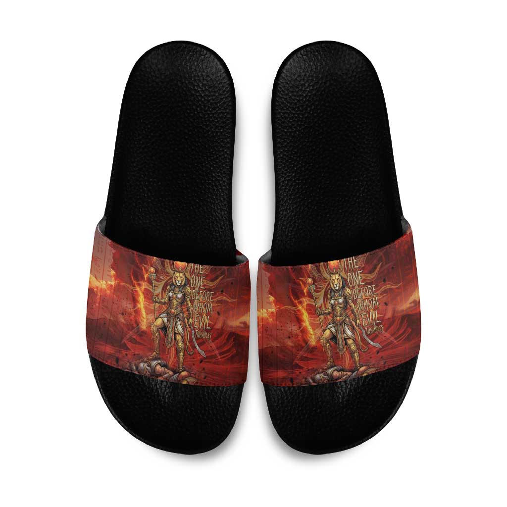 Sekhmet Slide Sandals Egyptian Fiery Lioness Head and Ancient Warrior