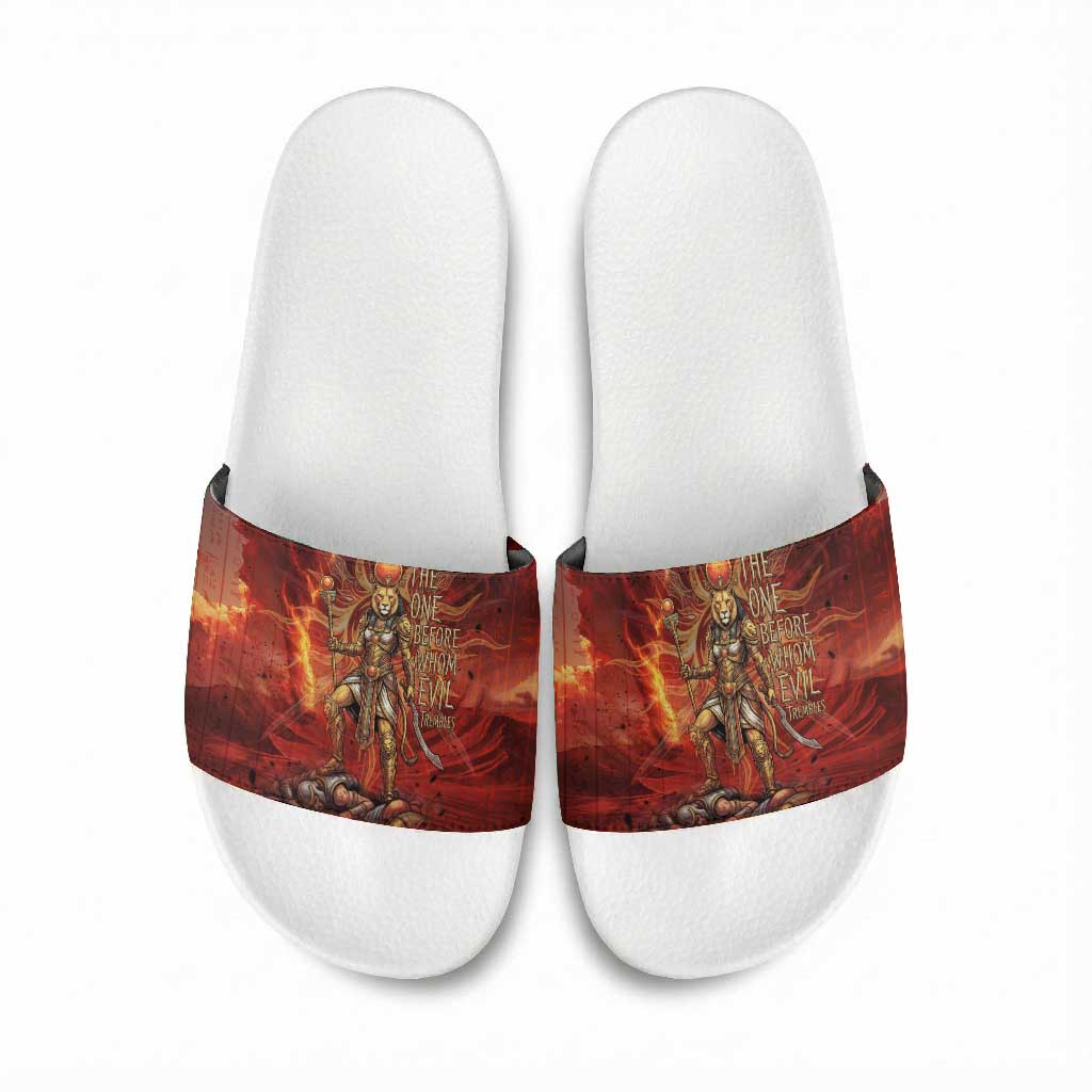 Sekhmet Slide Sandals Egyptian Fiery Lioness Head and Ancient Warrior