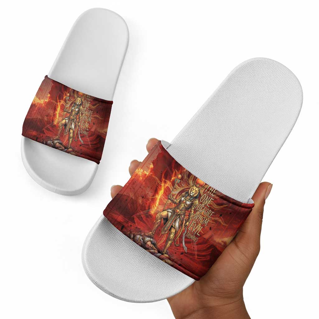 Sekhmet Slide Sandals Egyptian Fiery Lioness Head and Ancient Warrior