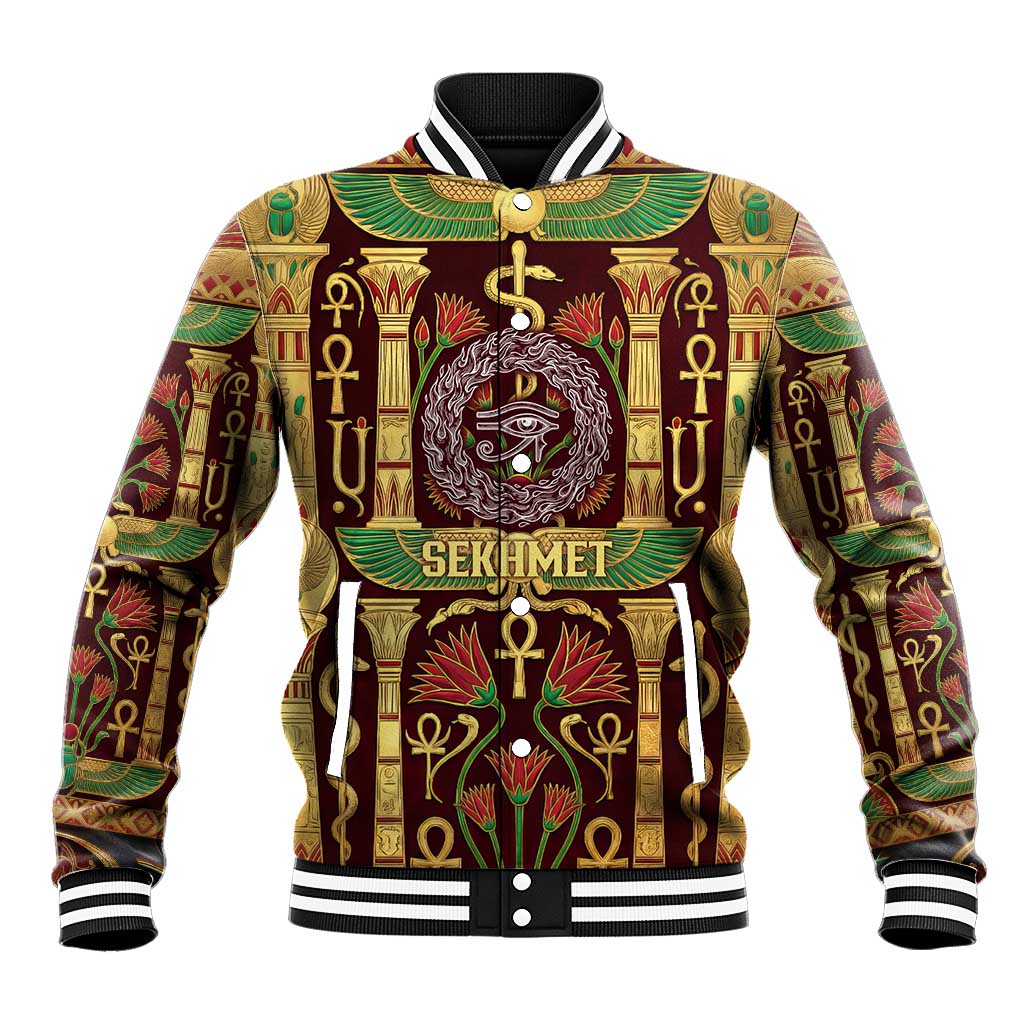 Sekhmet Baseball Jacket with Eye of Ra and Sacred Lion Symbol in Egyptian Healer