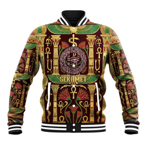 Sekhmet Baseball Jacket with Eye of Ra and Sacred Lion Symbol in Egyptian Healer