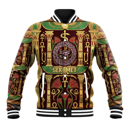 Sekhmet Baseball Jacket with Eye of Ra and Sacred Lion Symbol in Egyptian Healer