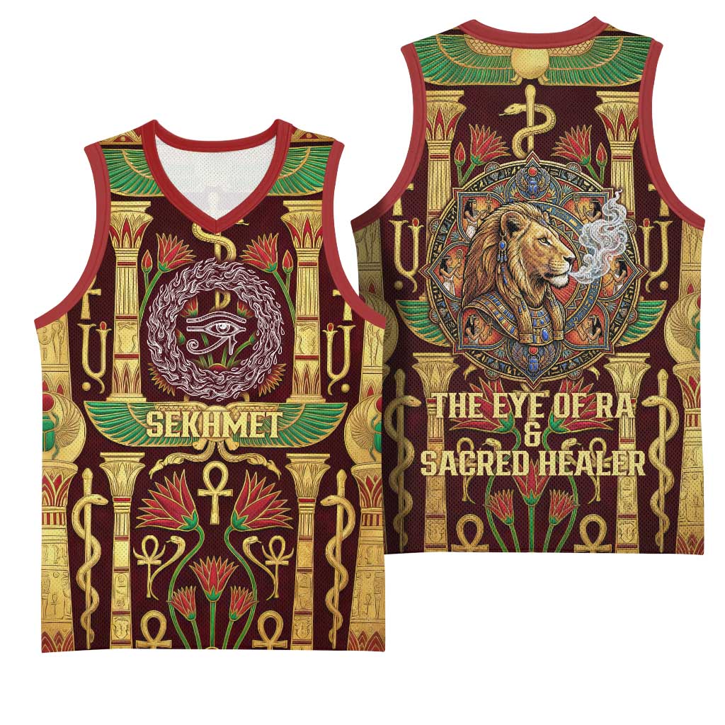 Sekhmet Basketball Jersey with Eye of Ra and Sacred Lion Symbol in Egyptian Healer