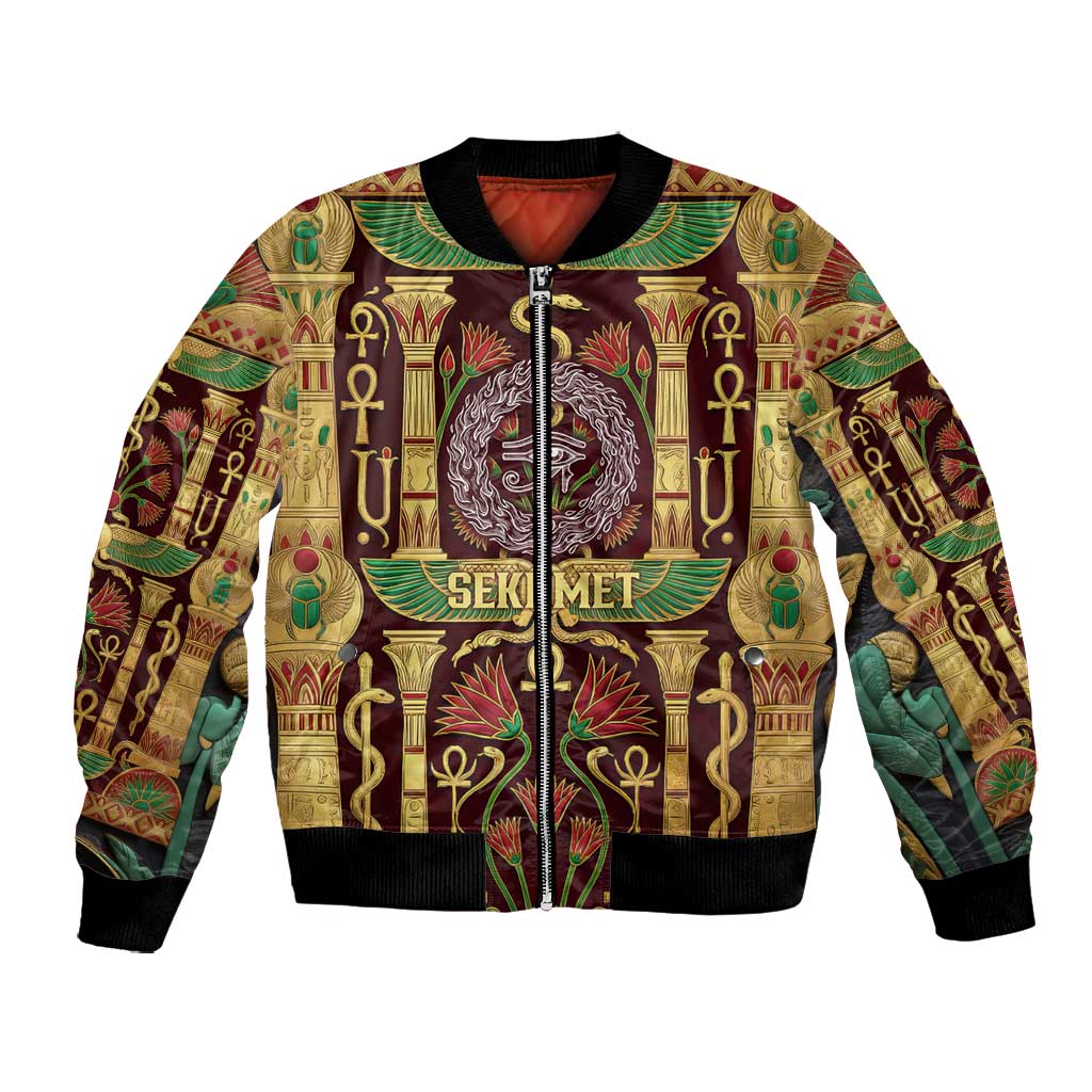 Sekhmet Bomber Jacket with Eye of Ra and Sacred Lion Symbol in Egyptian Healer