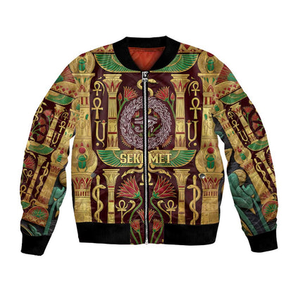 Sekhmet Bomber Jacket with Eye of Ra and Sacred Lion Symbol in Egyptian Healer