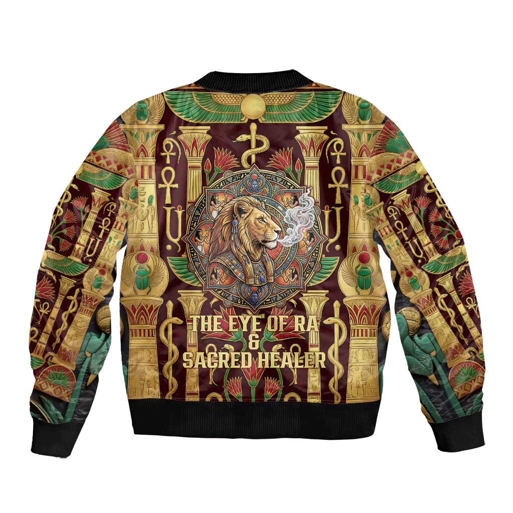 Sekhmet Bomber Jacket with Eye of Ra and Sacred Lion Symbol in Egyptian Healer