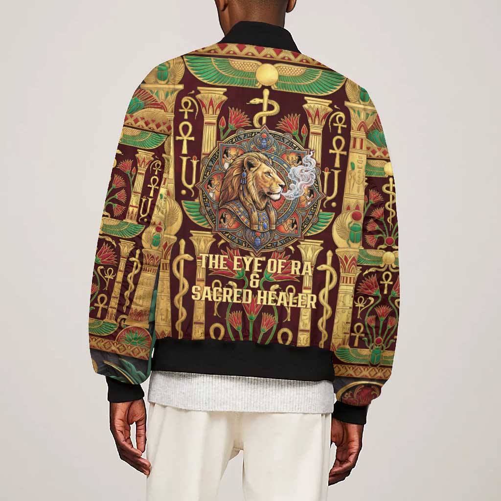 Sekhmet Bomber Jacket with Eye of Ra and Sacred Lion Symbol in Egyptian Healer