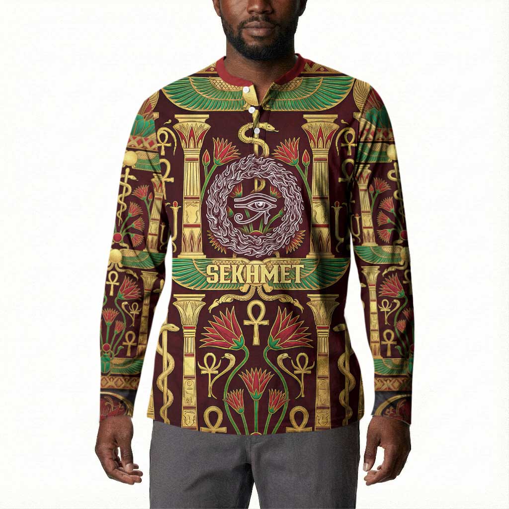 Sekhmet Button Sweatshirt with Eye of Ra and Sacred Lion Symbol in Egyptian Healer