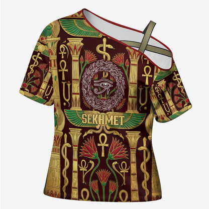 Sekhmet Cross Shoulder Shirt with Eye of Ra and Sacred Lion Symbol in Egyptian Healer