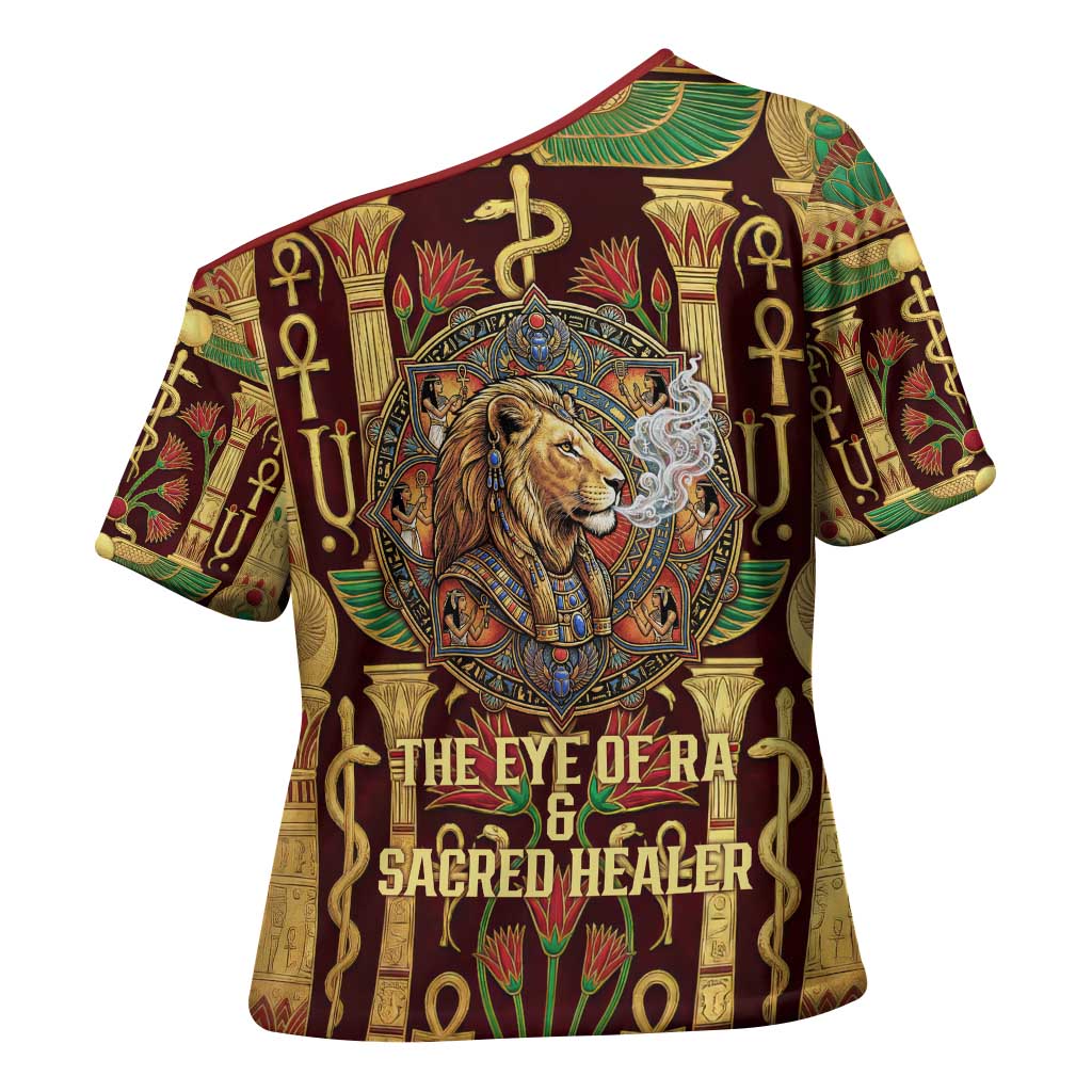 Sekhmet Cross Shoulder Shirt with Eye of Ra and Sacred Lion Symbol in Egyptian Healer
