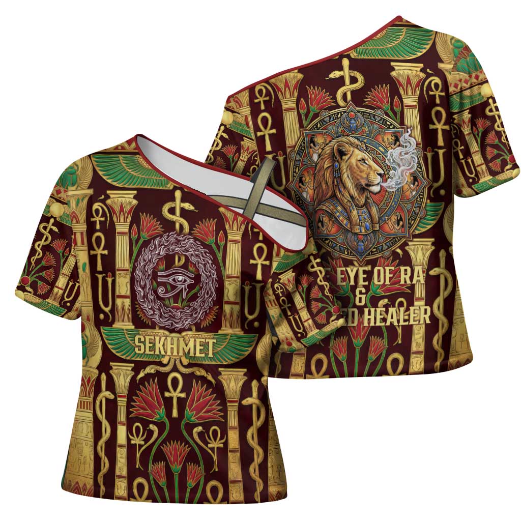 Sekhmet Cross Shoulder Shirt with Eye of Ra and Sacred Lion Symbol in Egyptian Healer