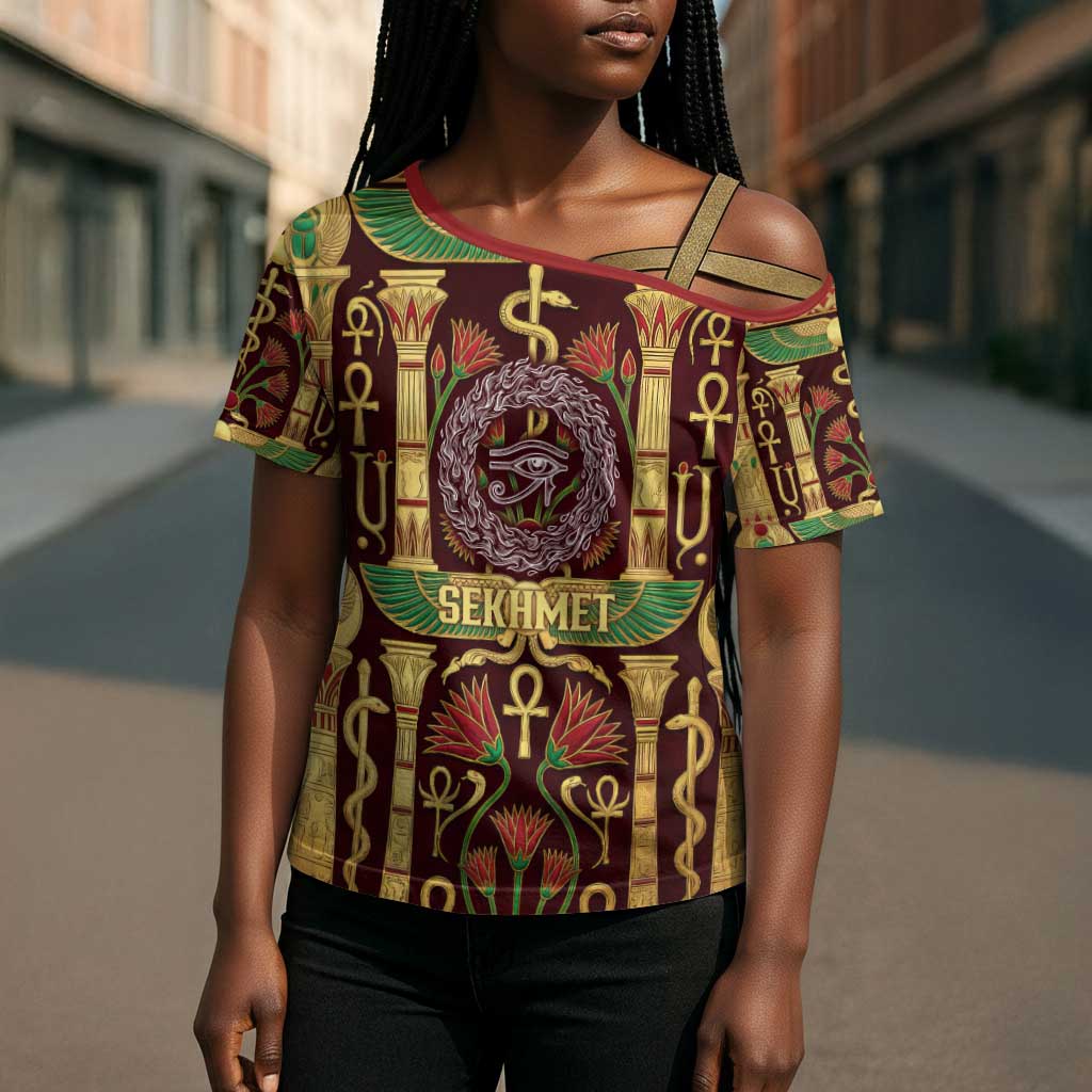 Sekhmet Cross Shoulder Shirt with Eye of Ra and Sacred Lion Symbol in Egyptian Healer