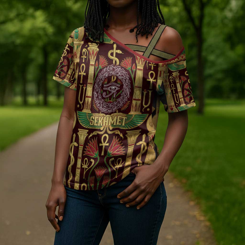 Sekhmet Cross Shoulder Shirt with Eye of Ra and Sacred Lion Symbol in Egyptian Healer