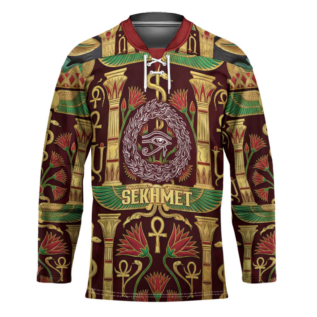 Sekhmet Hockey Jersey with Eye of Ra and Sacred Lion Symbol in Egyptian Healer