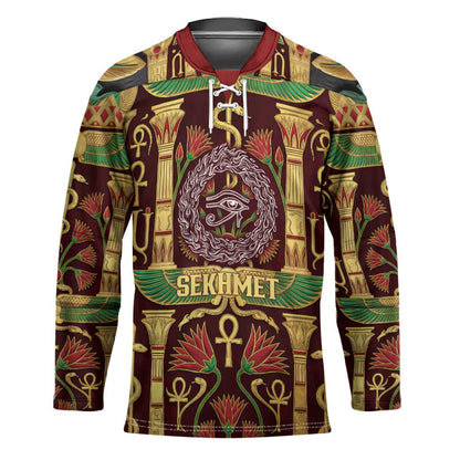 Sekhmet Hockey Jersey with Eye of Ra and Sacred Lion Symbol in Egyptian Healer
