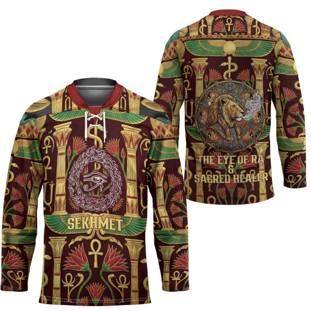 Sekhmet Hockey Jersey with Eye of Ra and Sacred Lion Symbol in Egyptian Healer