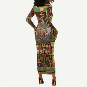 Sekhmet Long Sleeve Bodycon Dress with Eye of Ra and Sacred Lion Symbol in Egyptian Healer