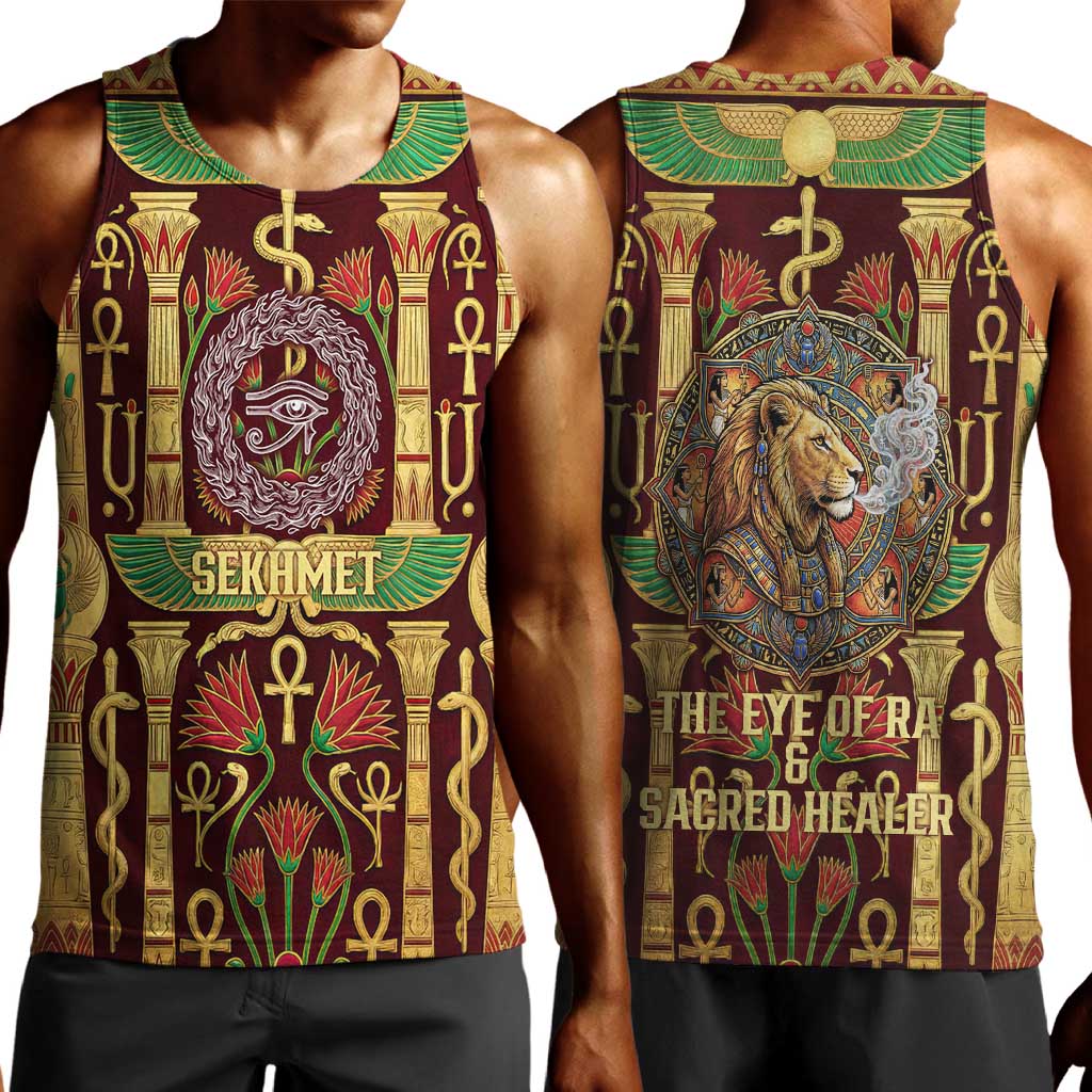 Sekhmet Men Tank Top with Eye of Ra and Sacred Lion Symbol in Egyptian Healer
