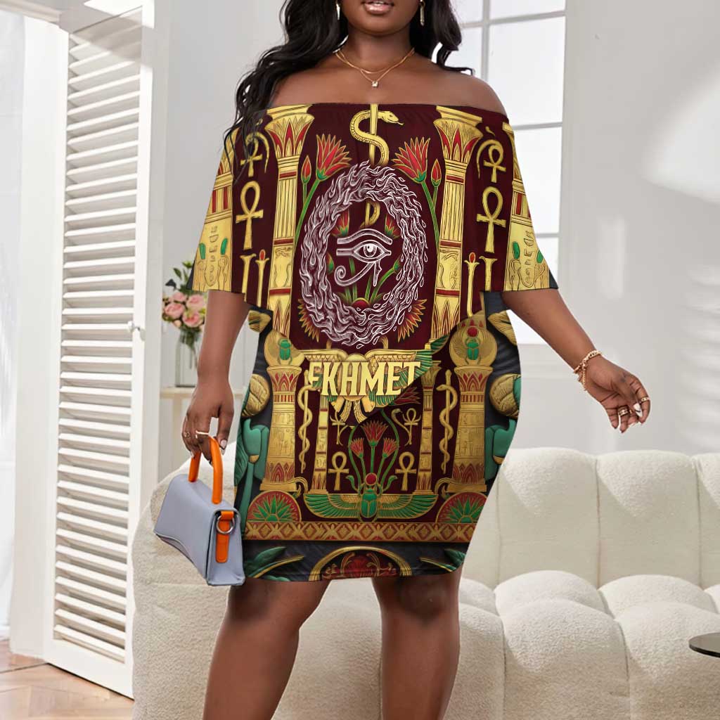 Sekhmet Off Shoulder Short Dress with Eye of Ra and Sacred Lion Symbol in Egyptian Healer