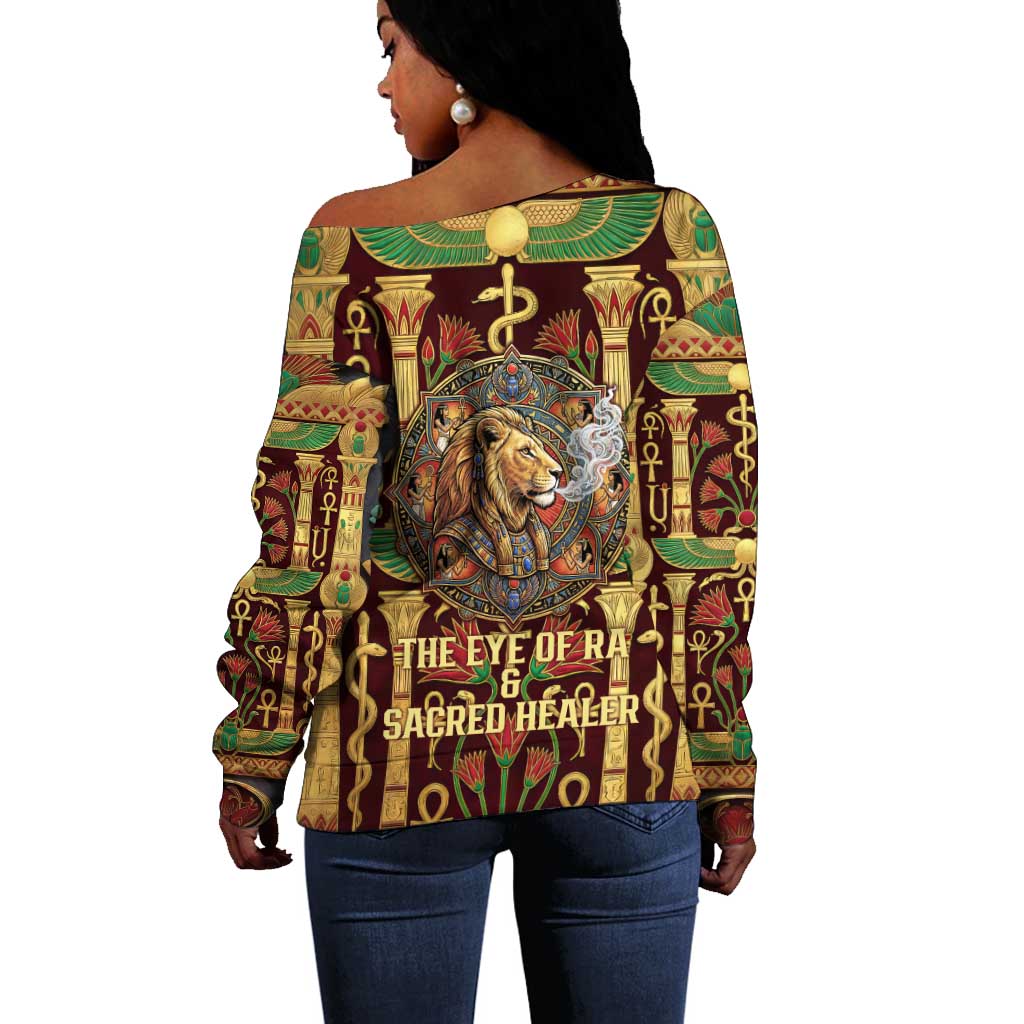 Sekhmet Off Shoulder Sweater with Eye of Ra and Sacred Lion Symbol in Egyptian Healer