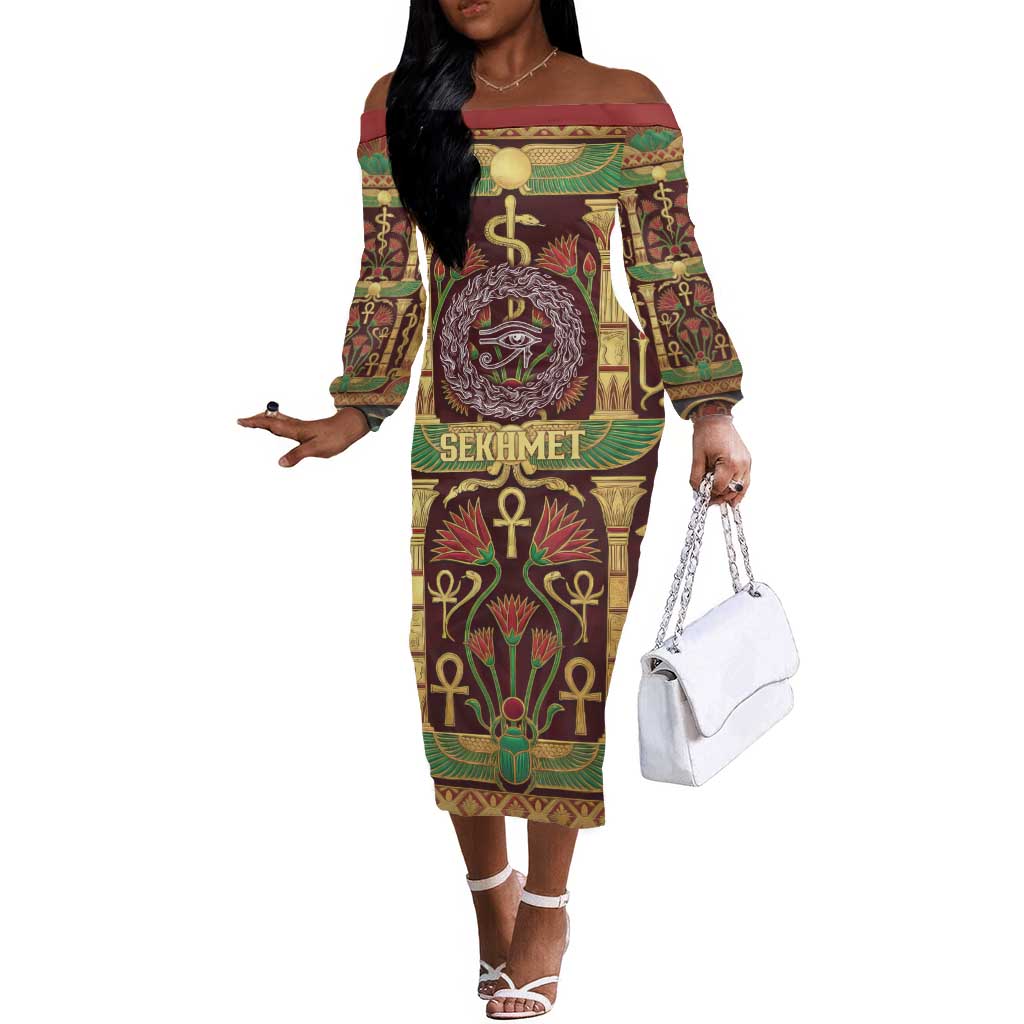 Sekhmet Off The Shoulder Long Sleeve Dress with Eye of Ra and Sacred Lion Symbol in Egyptian Healer