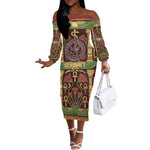 Sekhmet Off The Shoulder Long Sleeve Dress with Eye of Ra and Sacred Lion Symbol in Egyptian Healer