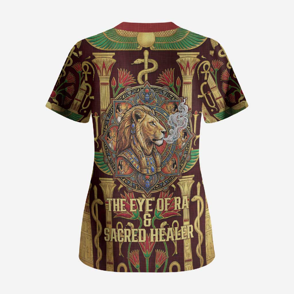 Sekhmet Scrub Top with Eye of Ra and Sacred Lion Symbol in Egyptian Healer