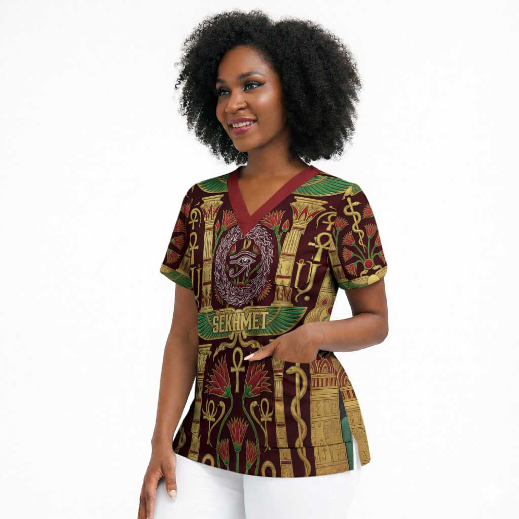Sekhmet Scrub Top with Eye of Ra and Sacred Lion Symbol in Egyptian Healer