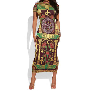 Sekhmet Short Sleeve Bodycon Dress with Eye of Ra and Sacred Lion Symbol in Egyptian Healer